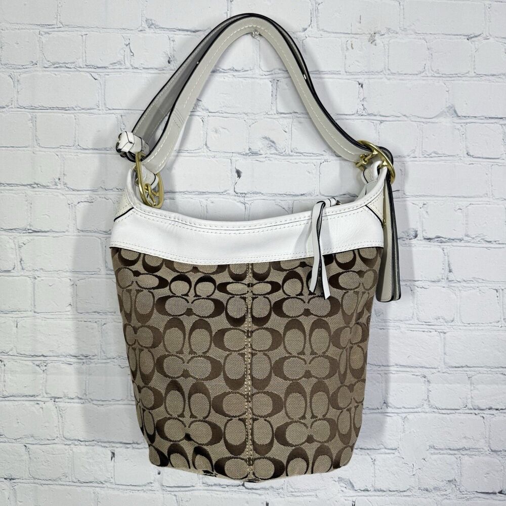 VTG Coach Bleecker Bucket Bag Beige Signature Canvas & White Leather Trim Purse - Picture 2 of 16